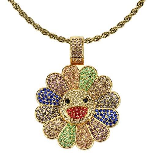 Nsitbbuery Hip Hop 18K Gold Plated Turn Sunflower Tag Pendant Iced Out Crystal Necklace