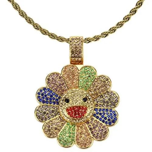 Nsitbbuery Hip Hop 18K Gold Plated Turn Sunflower Tag Pendant Iced Out Crystal Necklace Nsitbbuery Hip Hop 18K Gold Plated Turn Sunflower Tag Pendant Iced Out Crystal Necklace