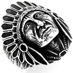 PikaLF Indian Chief Ring for Men, Native American Indian Head Rings, Spirit of The Warrior Ring, Indian Headdress Ring, Tribal Amulet Ring, Punk Style Indian Skull Jewelry Gift for Men Boys