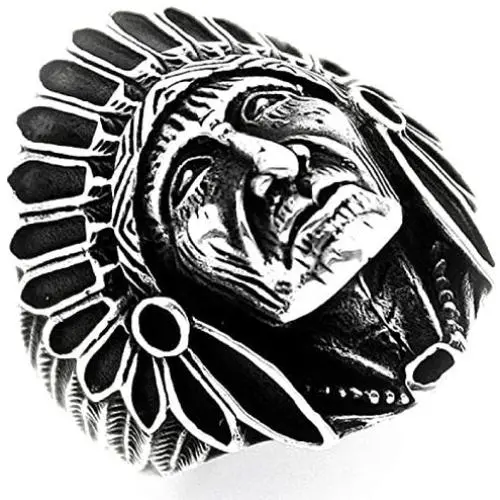 PikaLF Indian Chief Ring for Men, Native American Indian Head Rings, Spirit of The Warrior Ring, Indian Headdress Ring, Tribal Amulet Ring, Punk Style Indian Skull Jewelry Gift for Men Boys