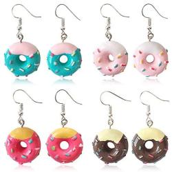 DAMLENG 4 Pairs Unique Fashion Chic Donut Dangle Earrings Charm Imitate Resin Food Drop Earrings Set For Women Girls Statement Jewellery Gifts