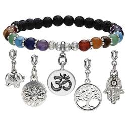 Top Plaza 7 Chakra Reiki Healing Crystal Bead Charm Bracelet Necklace Set Lava Rock Stone Aromatherapy Essential Oil Diffuser Stretch Bracelets Necklaces with 5 Replaceable Charms