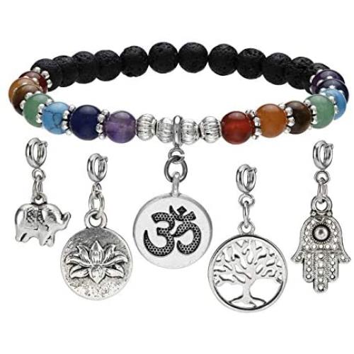 Top Plaza 7 Chakra Reiki Healing Crystal Bead Charm Bracelet Necklace Set Lava Rock Stone Aromatherapy Essential Oil Diffuser Stretch Bracelets Necklaces with 5 Replaceable Charms