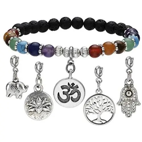Top Plaza 7 Chakra Reiki Healing Crystal Bead Charm Bracelet Necklace Set Lava Rock Stone Aromatherapy Essential Oil Diffuser Stretch Bracelets Necklaces with 5 Replaceable Charms