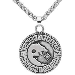 GuoShuang Nordic Viking Wolf Geri and Freki Rune Amulet Stainless Steel Pendant Necklace with Valknut Rune Gift Bag