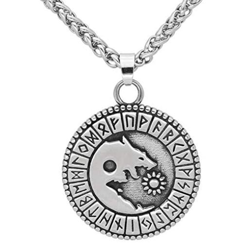 GuoShuang Nordic Viking Wolf Geri and Freki Rune Amulet Stainless Steel Pendant Necklace with Valknut Rune Gift Bag