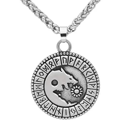 GuoShuang Nordic Viking Wolf Geri and Freki Rune Amulet Stainless Steel Pendant Necklace with Valknut Rune Gift Bag GuoShuang Nordic Viking Wolf Geri and Freki Rune Amulet Stainless Steel Pendant Necklace with Valknut Rune Gift Bag