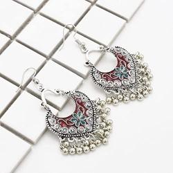 YAZILIND Women Drop Dangle Bohemian Earrings Flower Beaded Tassel Vintage Silver Hook Earrings Statement Ethnic Antique