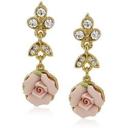 Downton Abbey Boxed Gold-Tone Pink Porcelain Rose and Crystal Drop Earrings