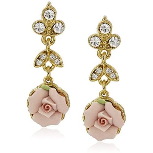 Downton Abbey Boxed Gold-Tone Pink Porcelain Rose and Crystal Drop Earrings