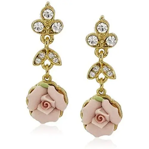 Downton Abbey Boxed Gold-Tone Pink Porcelain Rose and Crystal Drop Earrings Downton Abbey Boxed Gold-Tone Pink Porcelain Rose and Crystal Drop Earrings