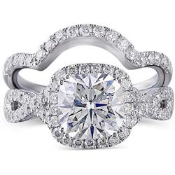 DovEggs Sterling Silver Center 2ct 7.5X7.5mm G-H-I Color Cushion Cut Created Moissanite Halo Engagement Ring Bridal Set 2 Pieces