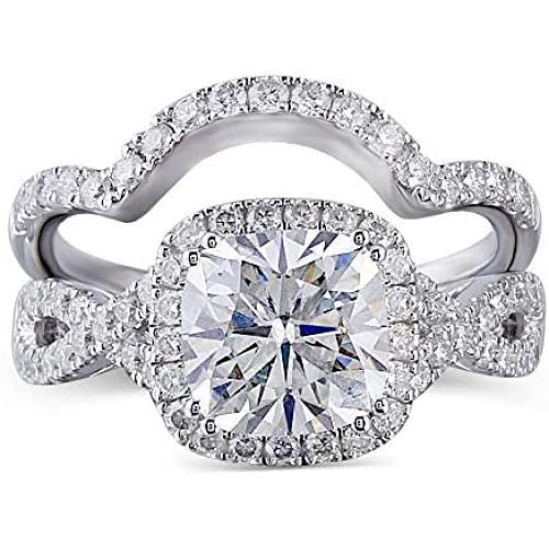DovEggs Sterling Silver Center 2ct 7.5X7.5mm G-H-I Color Cushion Cut Created Moissanite Halo Engagement Ring Bridal Set 2 Pieces