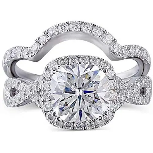 DovEggs Sterling Silver Center 2ct 7.5X7.5mm G-H-I Color Cushion Cut Created Moissanite Halo Engagement Ring Bridal Set 2 Pieces DovEggs Sterling Silver Center 2ct 7.5X7.5mm G-H-I Color Cushion Cut Created Moissanite Halo Engagement Ring Bridal Set 2 Pieces