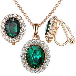 Yoursfs Necklaces and Clip On Earrings for Women 18K Gold Plated Oval Halo Austrain Crystal Pendant Non-Pierced Clip Earrings Prom Jewelry Set