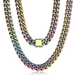 ROWIN&CO Mens Miami Cuban Link Chain Multicolor Rainbow Heavy 316L Stainless Steel Colorful Curb Necklace Personalized Jewelry Hip hop Choker Chain, 15mm Width/ 18 20 22 24 30 inch Lengths, (with Gift Box)