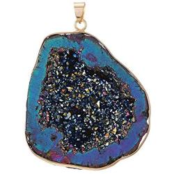 CXD-GEM Natural Agate Titanium Coated Crystal Geode Drusy Gemstone Pendant for Women Hand-Wrapped Pendant for Jewelry