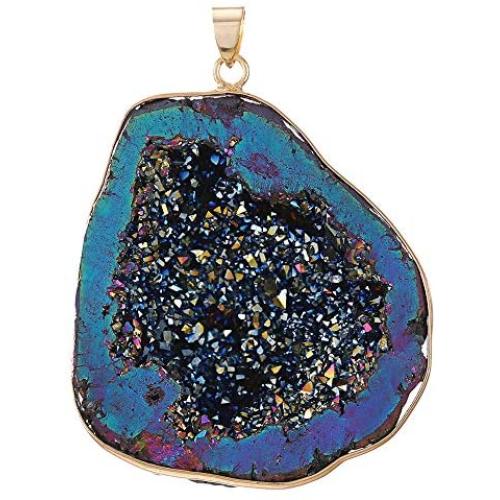 CXD-GEM Natural Agate Titanium Coated Crystal Geode Drusy Gemstone Pendant for Women Hand-Wrapped Pendant for Jewelry