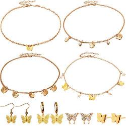 Hicarer 4 Set Butterfly Necklace Earrings Kit Adjustable Butterfly Chain Necklace Gold Butterfly Earrings for Women
