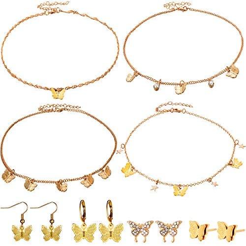Hicarer 4 Set Butterfly Necklace Earrings Kit Adjustable Butterfly Chain Necklace Gold Butterfly Earrings for Women