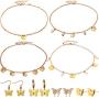 Hicarer 4 Set Butterfly Necklace Earrings Kit Adjustable Butterfly Chain Necklace Gold Butterfly Earrings for Women