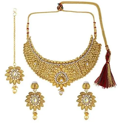 Efulgenz Indian Bollywood Traditional 14 K Gold Plated Kundan Pearl Wedding Choker Necklace Earrings Maangtikka Jewelry Set Efulgenz Indian Bollywood Traditional 14 K Gold Plated Kundan Pearl Wedding Choker Necklace Earrings Maangtikka Jewelry Set