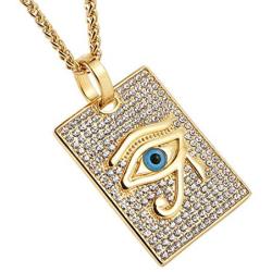 HZMAN 18k Gold Plated Iced Out Eye of Horus Egypt Protection Cross Dog Tag Pendant Stainless steel Necklace