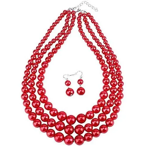 Womens Simulated Pearl Resin Three Multi-Strand Statement Necklace and Earrings Set Womens Simulated Pearl Resin Three Multi-Strand Statement Necklace and Earrings Set