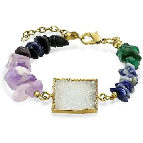 Bling Jewelry Boho Organic Purple Blue Green Agate Multi Gemstone Chip Chakra Fashion Druzy Bracelet for Women Gold Tone Metal