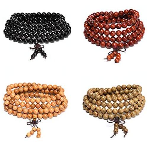 4pcs 108 Buddhist Natural Wooden Prayer Strand Bracelet Necklace Set Mala Meditation Spiritual for Women Men Unisex Rosary Jewelry