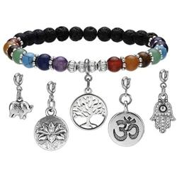 Jovivi 6mm Mala Beads 108/Lava Rock 7 Chakra Tree of Life/Hamsa/OM/Lotus/Elephant Charm Healing Crystal Bracelet Necklace