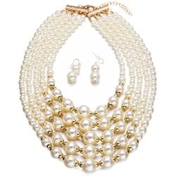 Yuhuan Women Elegant Pearl Jewelry Set Bead Cluster Collar Bib Choker Necklace and Earrings(Ivory)