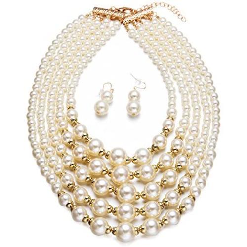 Yuhuan Women Elegant Pearl Jewelry Set Bead Cluster Collar Bib Choker Necklace and Earrings(Ivory)