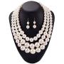 Faux Big White Pearl 3 Layer Chunky Necklace and Earrings Bib Costume Jewelry Set