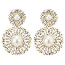 Wedding Rhinestone Synthetic Pearl Cluster Large Circle Flowers Long Drop Statement Earrings Elegant