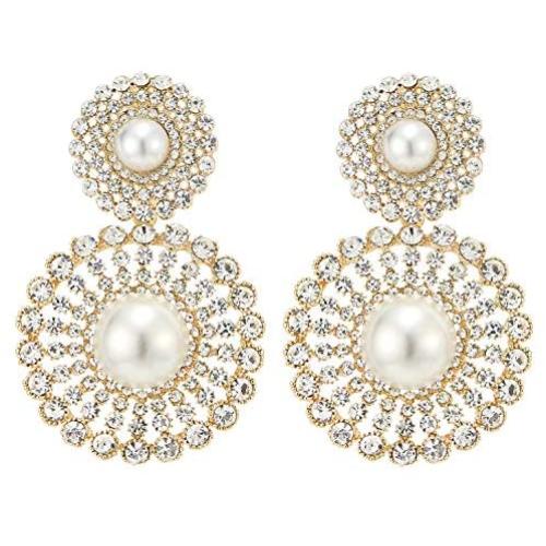 Wedding Rhinestone Synthetic Pearl Cluster Large Circle Flowers Long Drop Statement Earrings Elegant