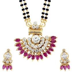Efulgenz Indian Bollywood Traditional Gold Plated Ruby Emerald/Color CZ Stone Mangalsutra Pendant Necklace Jewelry with Chain for Women