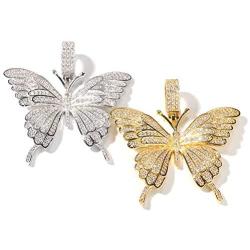 KMASAL Iced Out Chain 18K Gold Plated Fully Zirconia Simulated Diamond Butterfly Hip Hop Pendent Necklace for Men Women