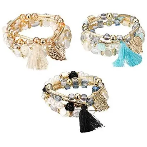 Finrezio 3 Sets Bohemian Beaded Bracelets for Women Multilayer Stretch Stackable Bracelet Set Multicolor Jewelry