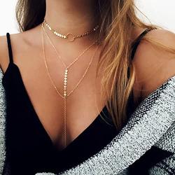 Suyi Stylish Layered Sequins Choker Necklace with Thin Long Chain Pendant for Women Lady Girl