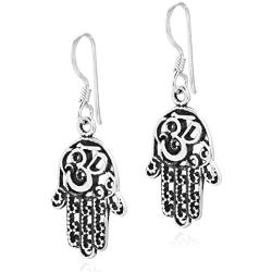 Hamsa Hand with Mystical Om or Aum Symbol .925 Sterling Silver Dangle Earrings