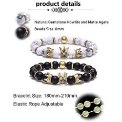 BOMAIL 8mm Crown King Charm Bracelet for Men Women Black Matte Onyx Natural Stone Beads Couple Jewelry