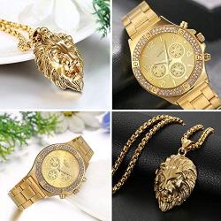 Mens Gold Japan Quartz 30M Waterproof Watch With Biker Punk Stanless Steel Animal Lion Head Pendant Necklace for Halloween Party