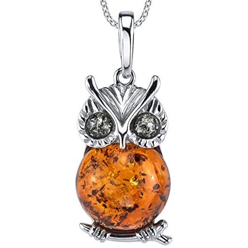 Sterling Silver Baltic Amber Owl Wisdom Pendant Necklace With Green and Cognac Color 18'' Free Rolo Chain
