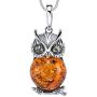Sterling Silver Baltic Amber Owl Wisdom Pendant Necklace With Green and Cognac Color 18'' Free Rolo Chain
