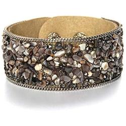 Barsly Stone Bracelets for Women Wrap Cuff Slake Leather Bracelets with Crystal Rhinestone Couple Nature Jewelry