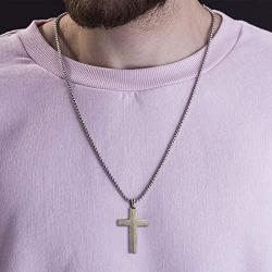 Steve Madden 28'' Oxidized Stainless Steel Box Chain Splitting Cross Pendant Necklace For Men (White)