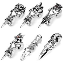 PANTIDE 6 Pcs Punk Gothic Knuckle Joint Full Finger Double Rings, Silvery Armour Cool Rings Punk Rock Hinged Loop Activity Rings for Men Women Halloween Cosplay Costume Accessories Jewelry Gifts