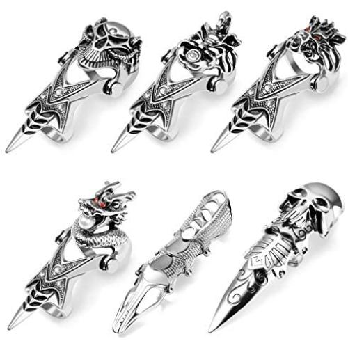 PANTIDE 6 Pcs Punk Gothic Knuckle Joint Full Finger Double Rings, Silvery Armour Cool Rings Punk Rock Hinged Loop Activity Rings for Men Women Halloween Cosplay Costume Accessories Jewelry Gifts