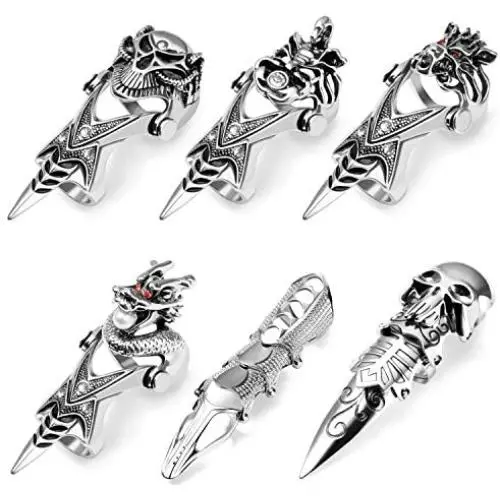 PANTIDE 6 Pcs Punk Gothic Knuckle Joint Full Finger Double Rings, Silvery Armour Cool Rings Punk Rock Hinged Loop Activity Rings for Men Women Halloween Cosplay Costume Accessories Jewelry Gifts